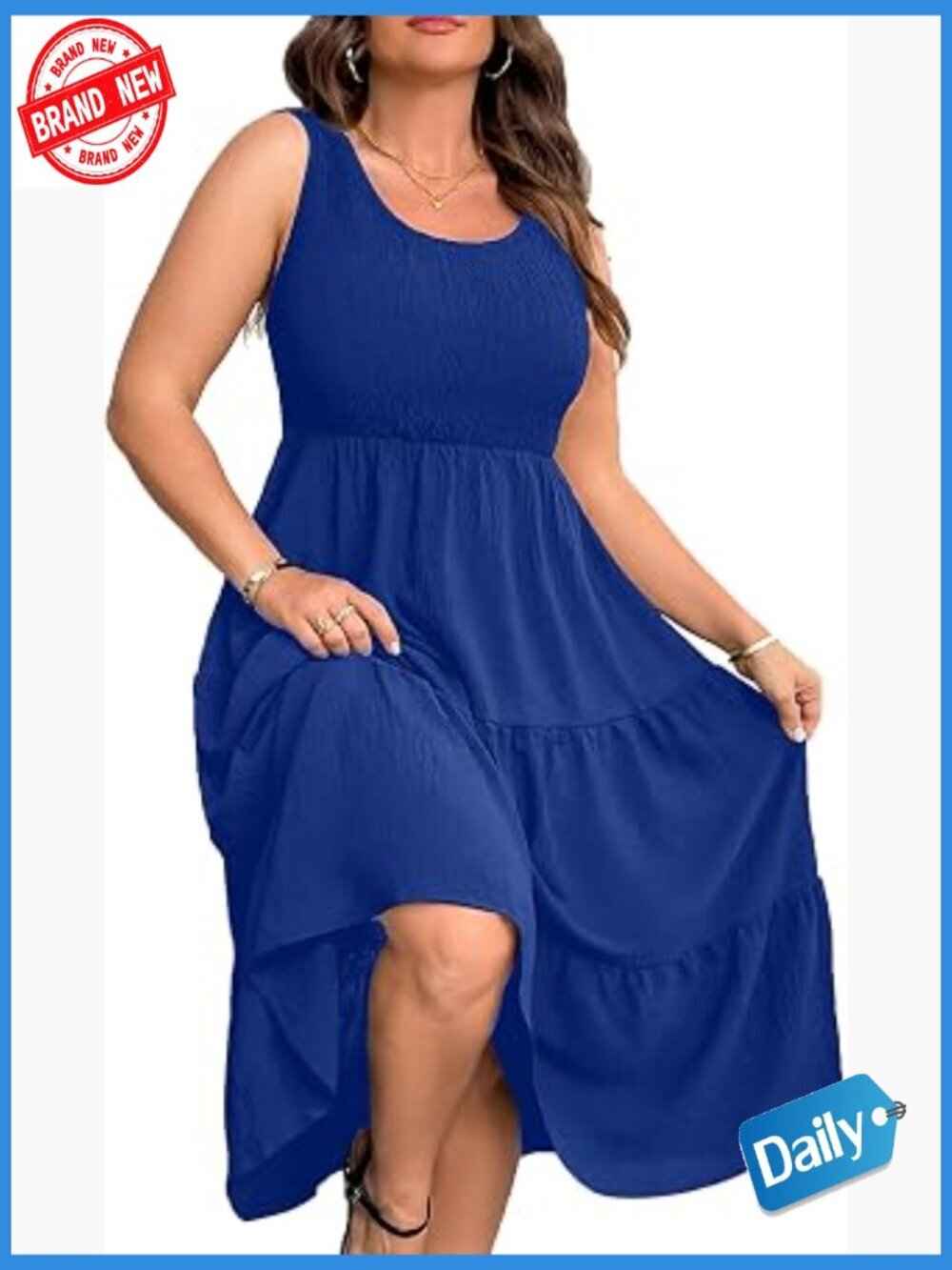 Plus Size Sleeveless Smocked Tank Midi Dress Flowy Beach Sundress